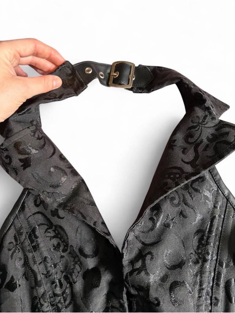 CHARMIAN vintage Gothic Black Brocade Halter Corset with Gold Clasps - Picture 2 of 7